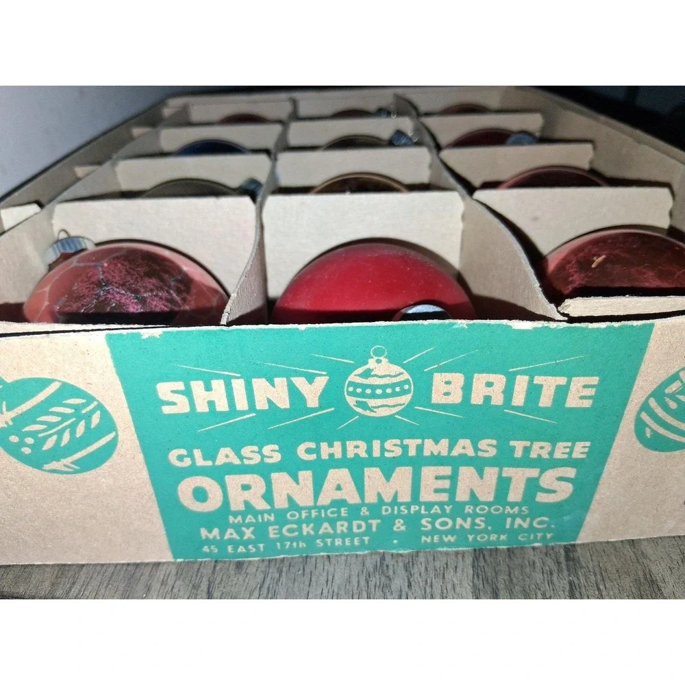 Vintage Shiny Brite Glass Christmas Ornaments Mixed Lot 12 Original Box Bottom